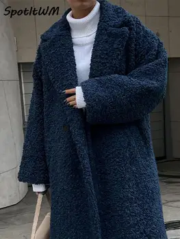 Есенно-зимния дълго плюшевое палто, женски ежедневното Свободно палто с дълъг ръкав от дебела топла изкуствена кожа, палта Оверсайз 2024, дамски плюшен пухкави връхни дрехи